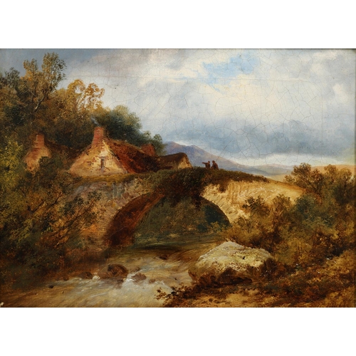 360 - RICHARD SEBASTIAN BOND (1808-1886). TWO ANGLERS ON A COUNTRY BRIDGE; WOMAN ON A TRACK BY OLD COTTAGE... 