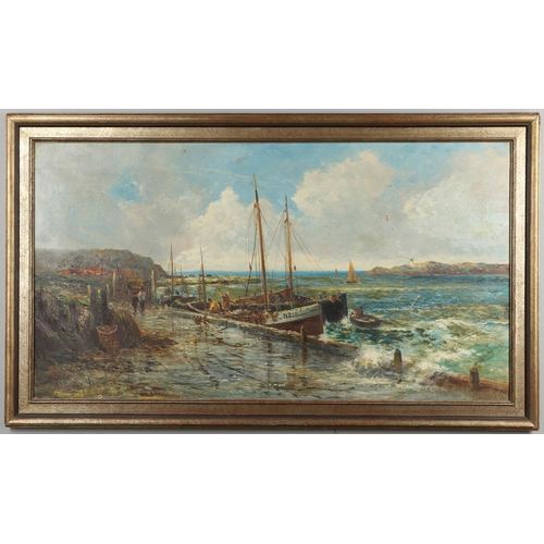 362 - J** BRADLEY SCOTT (FL.C.1880-1920). FISHING BOATS AT A JETTY. Signed, oil on canvas
60 x 110.5cm.