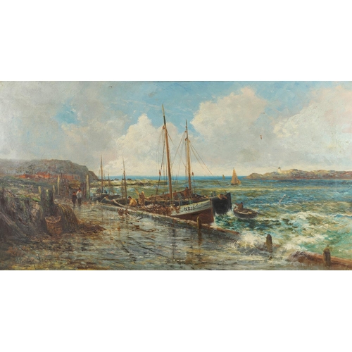 362 - J** BRADLEY SCOTT (FL.C.1880-1920). FISHING BOATS AT A JETTY. Signed, oil on canvas
60 x 110.5cm.