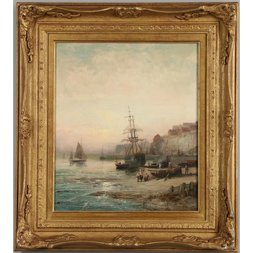 365 - WILLIAM THORNLEY (FL.1858-1898). BEACH SCENE IN A FISHING TOWN AT SUNSET. Signed, oil on canvas
34.5... 