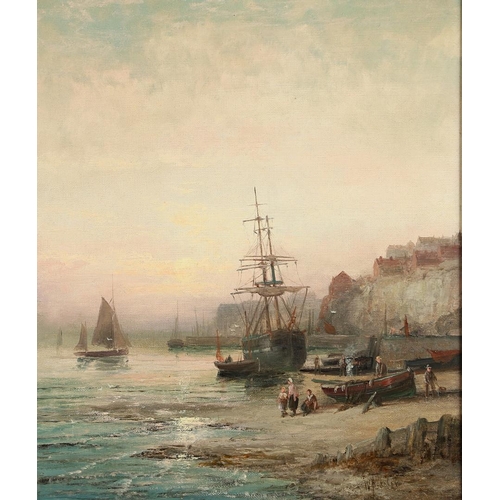 365 - WILLIAM THORNLEY (FL.1858-1898). BEACH SCENE IN A FISHING TOWN AT SUNSET. Signed, oil on canvas
34.5... 