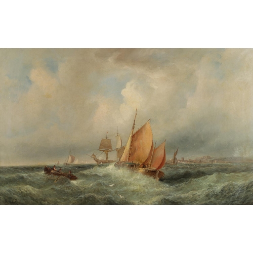 366 - EBENEZER COLLS (1812-1887). SAILING VESSELS IN CHOPPY COASTAL WATERS. Signed, oil on canvas
49 x 77c... 