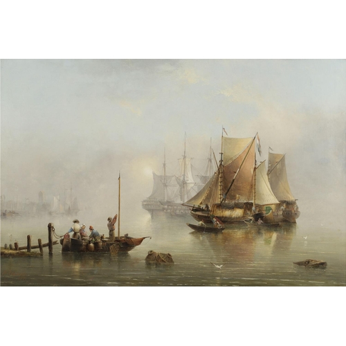 368 - HENRY REDMORE (1820-1887). A FISHING BOAT, A FRIGATE AND HAY BARGES ON A MISTY TWILIGHT MOORING. Sig... 