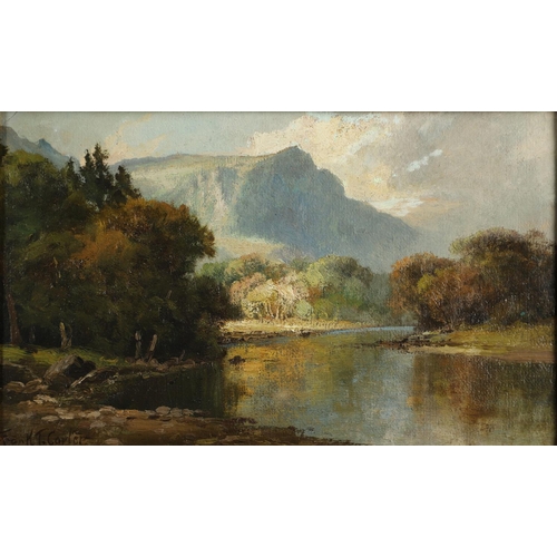 370 - FRANCIS THOMAS CARTER (1853-1934). RIVER LANDSCAPE SCENE AMIDST HILLS. Signed `Frank T. Carter`, oil... 