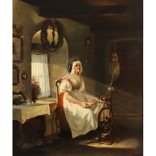 383 - BENNO JOACHIM THEODOR FISCHER (1828-1865). `STILLLEBEN`: WOMAN SEATED AT A SPINNING WHEEL. Signed an... 