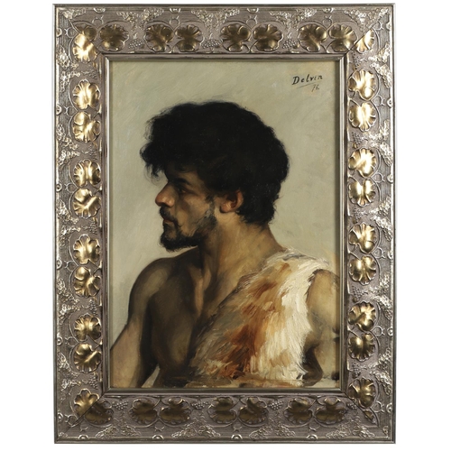 387 - JEAN JOSEPH DELVIN (1853-1922). PORTRAIT STUDY OF A BEARDED MAN IN AN ANIMAL SKIN. Signed and dated ... 