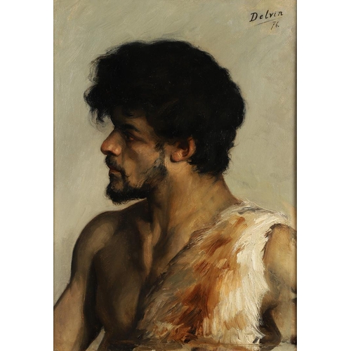 387 - JEAN JOSEPH DELVIN (1853-1922). PORTRAIT STUDY OF A BEARDED MAN IN AN ANIMAL SKIN. Signed and dated ... 