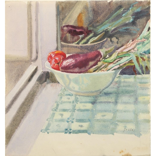 395 - SYLVIA GOSSE (1881-1968). A BOWL OF VEGETABLES. (d) Signed, watercolour and pencil
22 x 20cm.