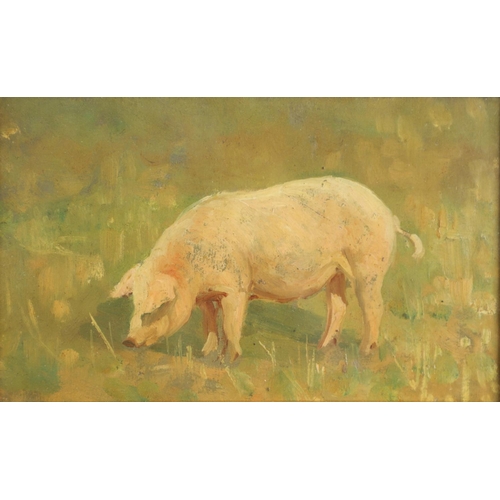 403 - ARTHUR LEMON (1850-1912). A PINK PIG. Oil on board
10.5 x 17.5cm.;
with an oil on canvas of a hedge ... 