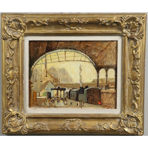 405 - DUGALD SUTHERLAND MACCOLL (1859-1948). RAILWAY STATION. Signed (incised), a study, oil on board
15.5... 