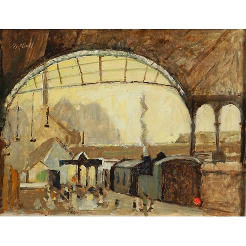 405 - DUGALD SUTHERLAND MACCOLL (1859-1948). RAILWAY STATION. Signed (incised), a study, oil on board
15.5... 