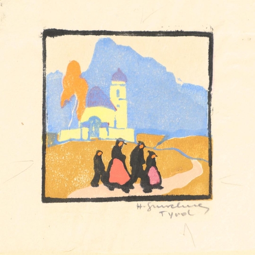 411 - HERBERT GURSCHNER (1901-1975). FOUR FIGURES NEAR A CHURCH, TYROL. (d) Colour linocut, on thin tissue... 