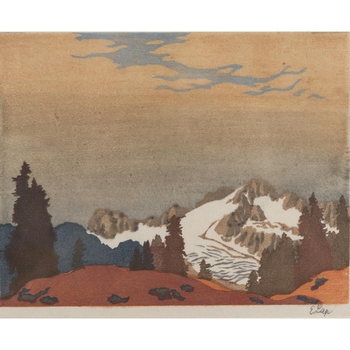 412 - ENGLEBERT LAP (1886-1970). IN THE MOUNTAINS. (d) Colour woodcut, signed in pencil
14.5 x 18.5cm.