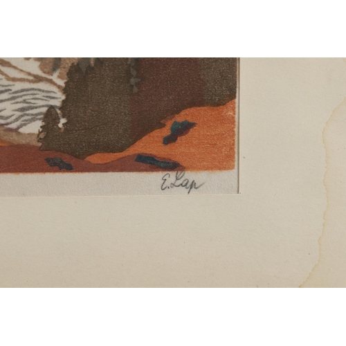 412 - ENGLEBERT LAP (1886-1970). IN THE MOUNTAINS. (d) Colour woodcut, signed in pencil
14.5 x 18.5cm.