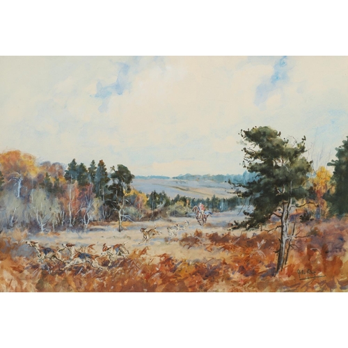 435 - JOHN KING (1929-2014). NEW FOREST HUNT. (d) Signed, watercolour
36 x 53cm.;
with another view of hun... 