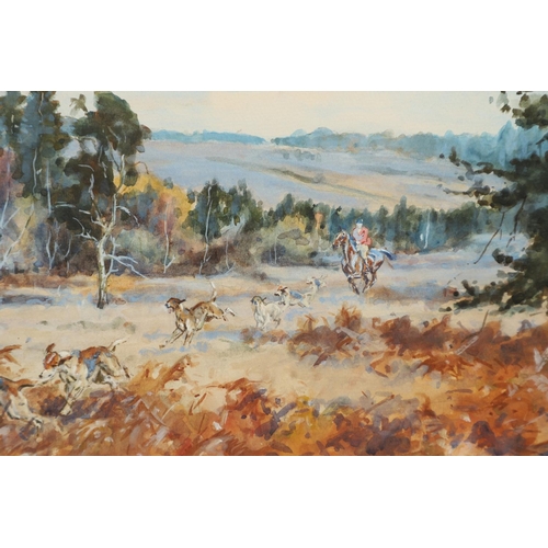 435 - JOHN KING (1929-2014). NEW FOREST HUNT. (d) Signed, watercolour
36 x 53cm.;
with another view of hun... 