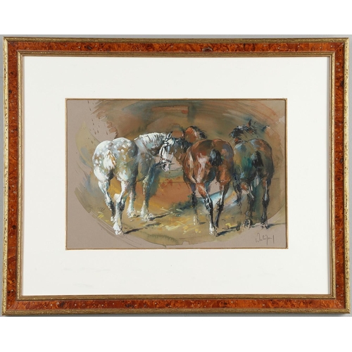 437 - HUBERT DE WATRIGANT (B.1954). THREE HORSES. (d) Signed, watercolour heightened with bodycolour, vign... 