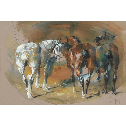 437 - HUBERT DE WATRIGANT (B.1954). THREE HORSES. (d) Signed, watercolour heightened with bodycolour, vign... 