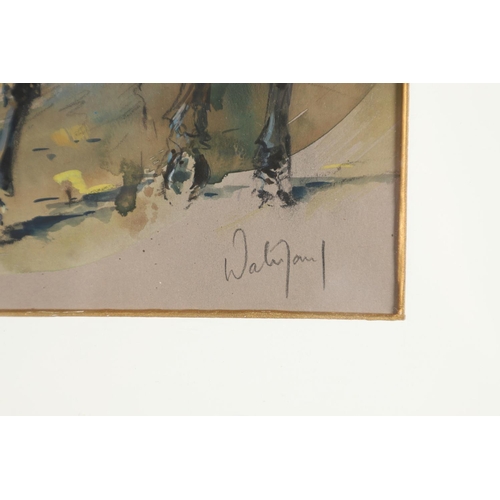 437 - HUBERT DE WATRIGANT (B.1954). THREE HORSES. (d) Signed, watercolour heightened with bodycolour, vign... 