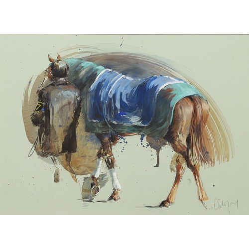 439 - HUBERT DE WATRIGANT (B.1954). IN THE SADDLING ENCLOSURE. (d) Signed, watercolour and pencil on pale ... 