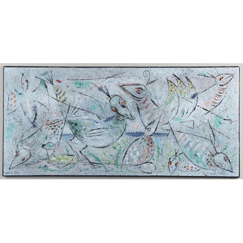 451 - BERNARD HESLING (1905-1987). BIRDS. (d) Signed, enamel on metal, unframed 
40.5 x 86.5cm.

Provenanc... 