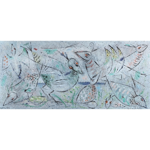 451 - BERNARD HESLING (1905-1987). BIRDS. (d) Signed, enamel on metal, unframed 
40.5 x 86.5cm.

Provenanc... 