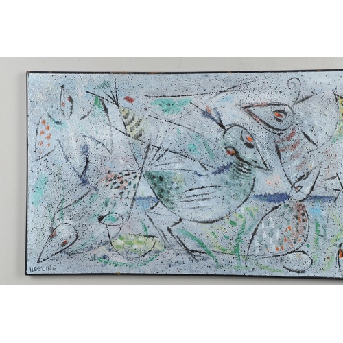 451 - BERNARD HESLING (1905-1987). BIRDS. (d) Signed, enamel on metal, unframed 
40.5 x 86.5cm.

Provenanc... 