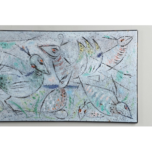 451 - BERNARD HESLING (1905-1987). BIRDS. (d) Signed, enamel on metal, unframed 
40.5 x 86.5cm.

Provenanc... 