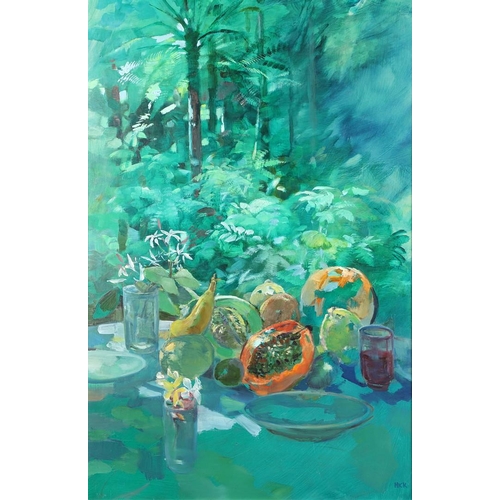 452 - JACQUELINE HICK (AUSTRALIAN, 1919-2004). A SUMMER STILL LIFE, UPON A GARDEN TABLE. Signed, oil on Ma... 