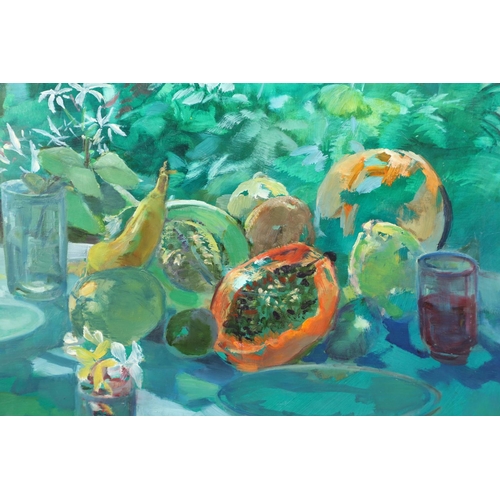 452 - JACQUELINE HICK (AUSTRALIAN, 1919-2004). A SUMMER STILL LIFE, UPON A GARDEN TABLE. Signed, oil on Ma... 