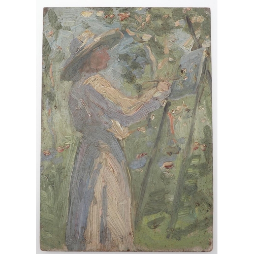 457 - DOROTHEA SHARP (1873-1955). SKETCH OF LUCY (OR FANNY) ELLIS PAINTING IN A GARDEN. (d) Oil on thin pa... 