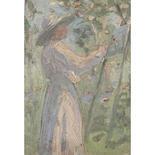 457 - DOROTHEA SHARP (1873-1955). SKETCH OF LUCY (OR FANNY) ELLIS PAINTING IN A GARDEN. (d) Oil on thin pa... 