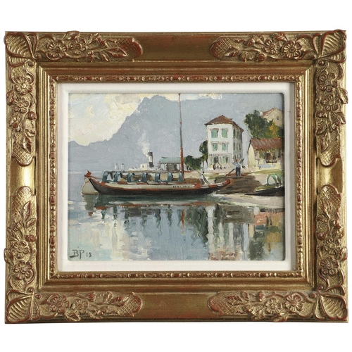 460 - BERTRAM PRIESTMAN, RA (1868-1951). VARENNA, LAKE COMO. Signed with initials and dated 13, oil on pan... 