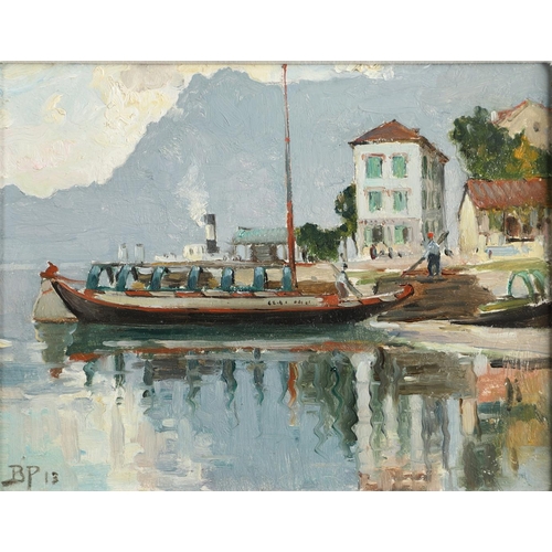 460 - BERTRAM PRIESTMAN, RA (1868-1951). VARENNA, LAKE COMO. Signed with initials and dated 13, oil on pan... 