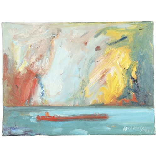 463 - JOHN BELLANY, CBE, RA (1942-2013). BOAT UNDER STORMY SKIES. (d) Signed, oil on canvas, unframed 
30.... 