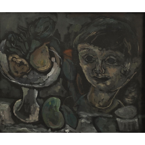 467 - JOHN BROMFIELD GAY-REES (1912-1965). TAZZA OF FRUIT WITH HEAD OF A BOY. (d) Signed and dated 27.IX.4... 