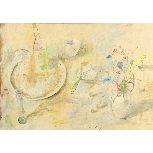 470 - JOHN BROMFIELD GAY-REES (1912-1965). STILL LIFE WITH WINE, GLASSES,TEACUP AND VASE OF FLOWERS. (d) S... 