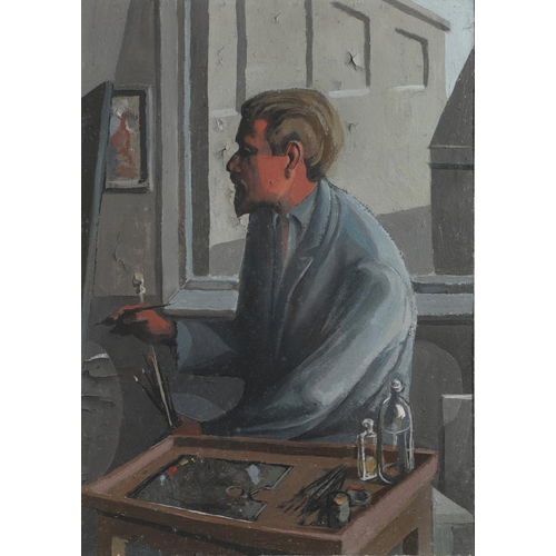 472 - MICHAEL AYRTON (1921-1975). SELF PORTRAIT. (d) The artist depicted half length, wearing a blue-grey ... 