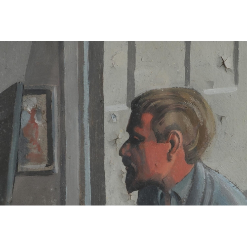 472 - MICHAEL AYRTON (1921-1975). SELF PORTRAIT. (d) The artist depicted half length, wearing a blue-grey ... 