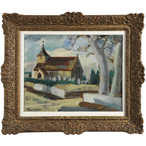 477 - ANNE ESTELLE RICE (AMERICAN 1877-1959). VILLAGE CHURCH. Oil paper, laid on canvas
30.5 x 39cm.