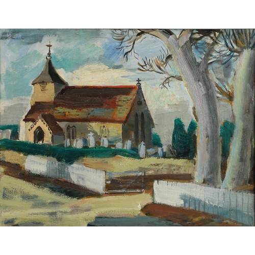 477 - ANNE ESTELLE RICE (AMERICAN 1877-1959). VILLAGE CHURCH. Oil paper, laid on canvas
30.5 x 39cm.