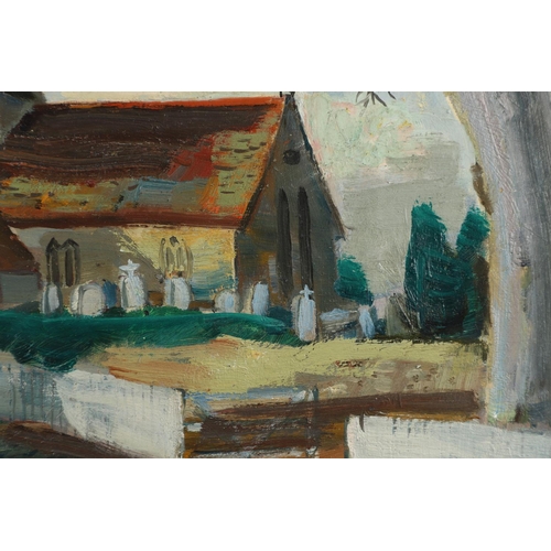 477 - ANNE ESTELLE RICE (AMERICAN 1877-1959). VILLAGE CHURCH. Oil paper, laid on canvas
30.5 x 39cm.