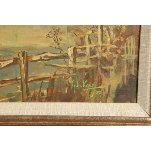 481 - JOHN KING (1929-2014). HUNTING SCENE. (d) Signed and dated 83, inscribed `CORYTON` verso, oil on can... 