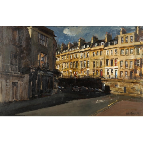 486 - PETER BROWN (B.1967). WALCOT PARADE FROM CLEVELAND PLACE, BATH. (d) Signed and dated 99, oil on pane... 