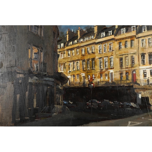 486 - PETER BROWN (B.1967). WALCOT PARADE FROM CLEVELAND PLACE, BATH. (d) Signed and dated 99, oil on pane... 