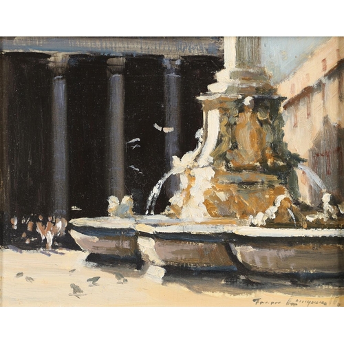 487 - JAMES LONGUEVILLE (B.1942). THE FOUNTAIN, PIAZZA DELLA ROTONDA (ROME). (d) Signed, oil on board
18.5... 