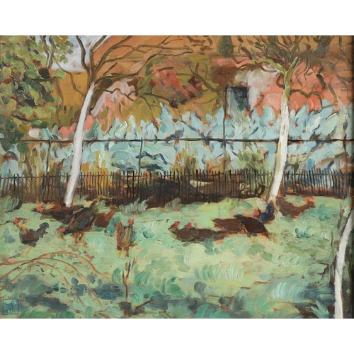 493 - VIVIEN JOHN (1915-1994). POULTRY IN A GARDEN. (d) With atelier stamp, oil on panel 
32 x 39.5cm.

Pr... 