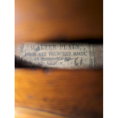 527 - 19THC SCOTTISH VIOLIN - WALTER PLAIN, GLASGOW. A 19thc violin with a one piece maple back and carved... 