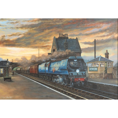 553 - PAUL THURSTON (BRITISH) - RAILWAY PAINTING, CREWKERNE STATION. An acrylic painting on canvas, painte... 