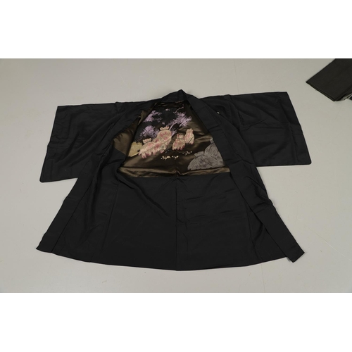 560 - ANTIQUE JAPANESE SILK KIMONO, ACCESSORIES & PROVENANCE. An early to mid 20thc black kimono, lined wi... 